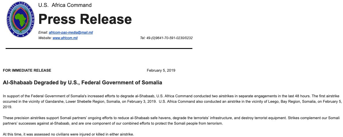 Meanwhile in SomaliaPress release doesn't say how many assessed KIA, but Africom tells me the Feb. 3 strike blew up an apparently empty vehicle and the Feb. 5 strike killed two suspected militants.