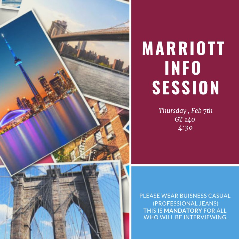 NMSUNSMH's tweet photo. Marriott will be doing an Info Session on Thursday at 4:30 in GT 140. This meeting is MANDATORY for all who will be interviewing with them. Please wear business casual. 
•
#NMSUtakesNSMH #nsmhprstar18 #nsmhprstar #NSMHworld #NSMHRep #nsmhprstar30 #NSMHvibes30 #NSMHinfluencer30 https://t.co/h7Hzdhu93T