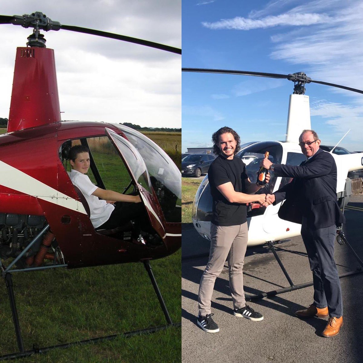 arcusheli's tweet photo. NEW CHALLENGE! Send us your first helicopter photo and your PPL pass photo! Thank you @jbroughie - you’ve barely changed! #Nottingham #triallesson #ppl #helicopter #robinson #r22 #apron #pass #test #champagne #instagramaviation #avgeek #businessaviation #aviation #smiles https://t.co/vnvTjuhM0f