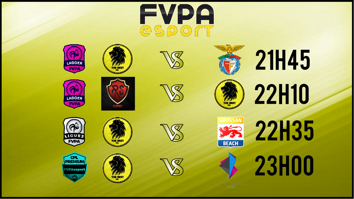 Ce soir , on efface tout et on recommence.
4 matchs de compétitions , entre le Ladder, la L2 et la CPL <a href="/FVPAeSport/">FVPA Esport</a>