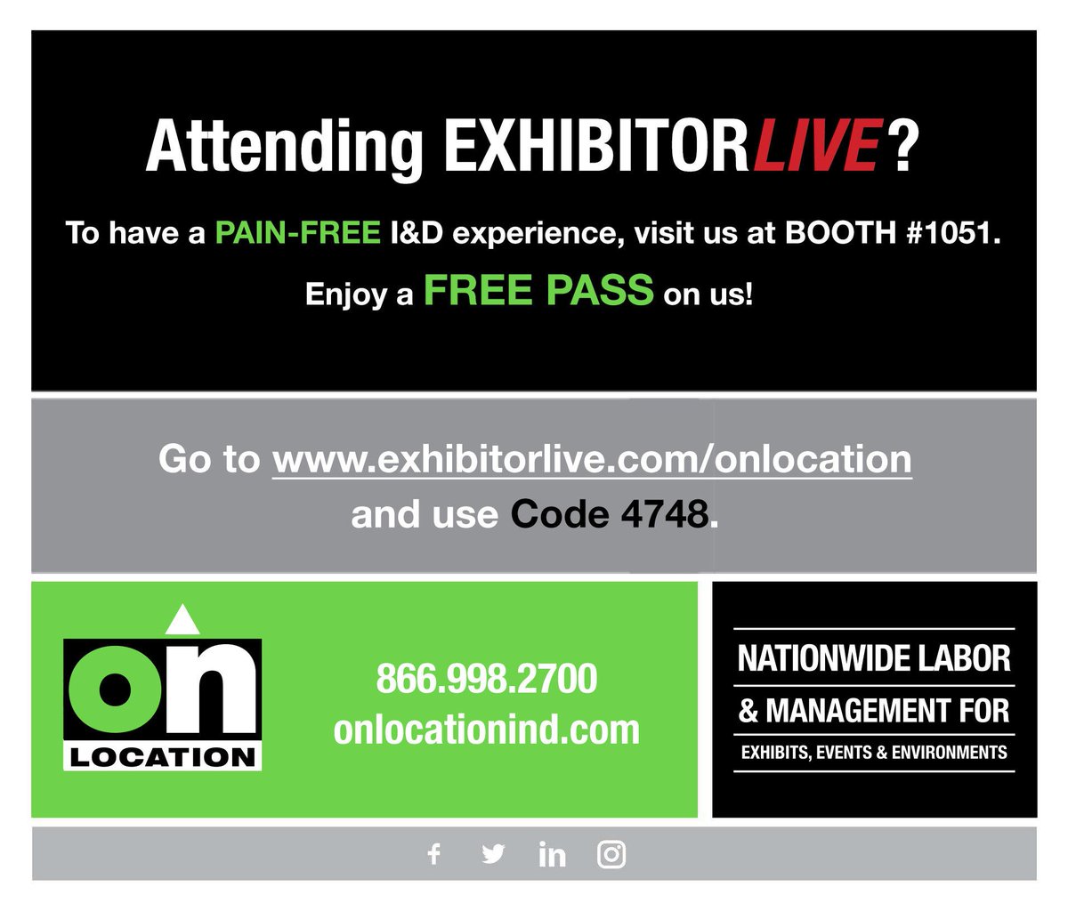 Planning on being at ExhibitorLive?

Here's a free pas to stop in and see us at Booth#1051!