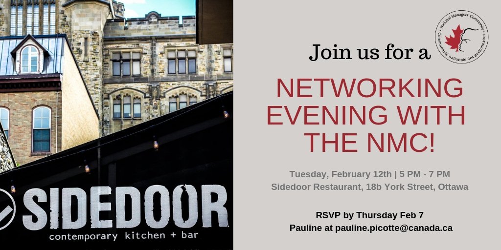The NMC Team across Canada is meeting in Ottawa next week! We invite our stakeholders and ambassadors to join us for a networking evening at the <a href="/SidedoorKitchen/">SidedoorKitchen</a> on Tues. Feb 12th from 5-7 p.m. Please share this with anyone that may be interested. We look forward to seeing you!
