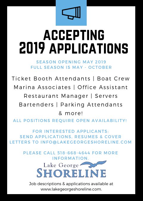 LGShoreline's tweet photo. It's never too early to start planning for summer employment! Please send applications for consideration to info@lakegeorgeshoreline.com! Our season will run from May to October. Visit our website to download applications or shoot us an email! https://t.co/Fh0FsgBEGB