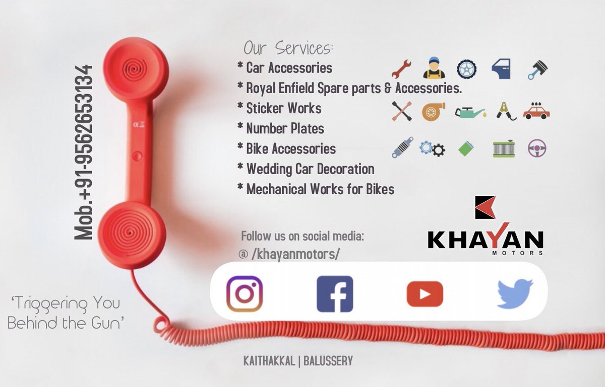 KhayanMotors's tweet photo. #CarAccessories #Headlight #Wheels #Maruti #Hyundai #Honda #Tata #Mahindra #Toyota #Nissan
#RoyalEnfield #Spareparts #Accessories #CarInterior
#StickerWorks #NumberPlates #Alloy #MotorOil
#BikeAccessories #Wedding #Car #Decoration
#MechanicalWorks #Bikes #Bullet #SeatCover https://t.co/V9HSt7P1vC