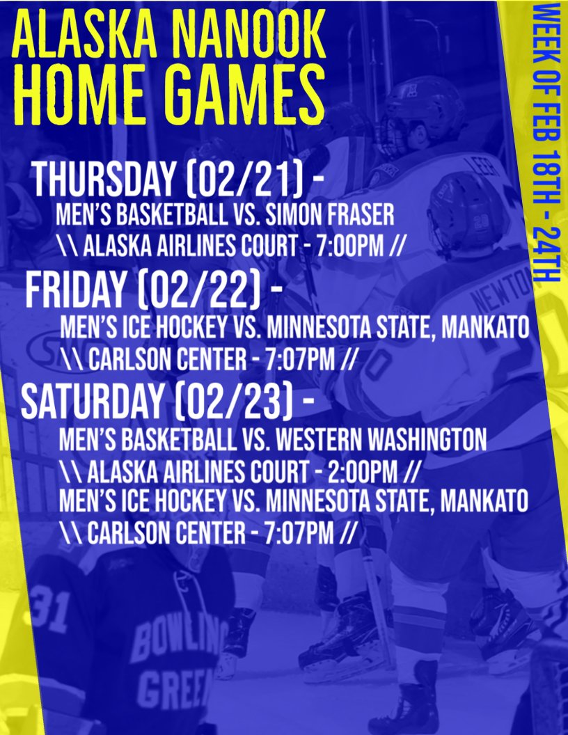 UAF_SAAC's tweet photo. HOME GAMES | This is your last chance to catch Nanook Hockey in town in the 18-19 season! Stop by the Carlson Friday and Saturday to catch your Nanooks in action.
#RollNooks #PackthePatty https://t.co/m9QVKl8WiI