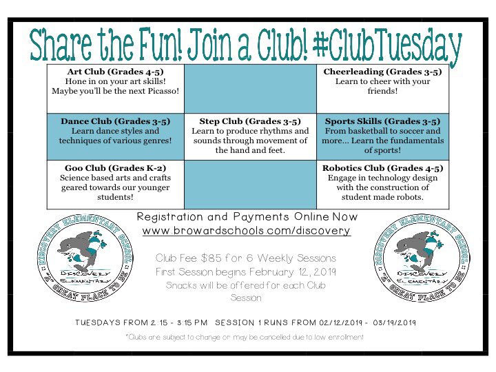 DiscoveryES's tweet photo. Club Tuesday’s are back! Register now! #ClubTuesday #DiscoveryElementary #BrowardSchools https://t.co/BIQ73i7CGS