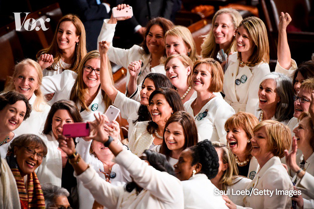 voxdotcom's tweet image. Democratic congresswomen (including Speaker Nancy Pelosi) are dressed in white — a symbol of women’s suffrage — for Tuesday night’s State of the Union address. #SOTU