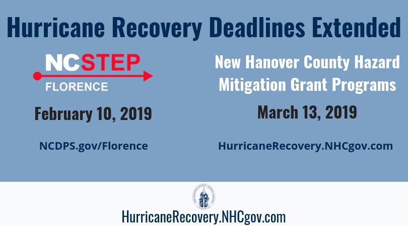 NewHanoverCo's tweet photo. Great news for #HurricaneFlorence survivors! The deadline to enroll in the STEP Program has been extended to Feb. 10, and you now have until March 13 to submit your Hazard Mitigation Grant Program application to #NHCgov! Visit https://t.co/LmgfEMO0ow #FlorenceRecovery https://t.co/JPZcK3r0X6