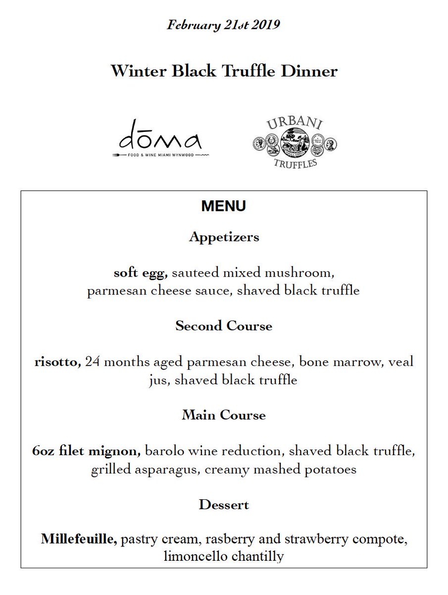 UrbaniTruffles's tweet photo. Come and visit us during #SOBEWFF at dōma restaurant, February 21st for the Black Winter Truffle Dinner featuring #UrbaniTruffles!
For reservations, call 7869536946 or visit https://t.co/uj0GDl21SO
#SOBEWFF #TruffleDinner #WinterTruffles #DomaMiami https://t.co/tpvMgX1HDf