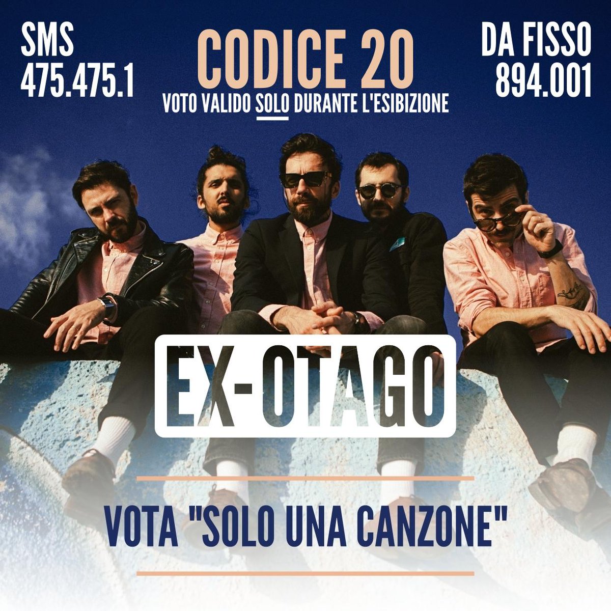 Squadra Otago a rapporto! Televotateci 📲 ATTENZIONE: IL VOTO È VALIDO SOLO DURANTE LA NOSTRA ESIBIZIONE!

Chiama l'894.001 e digita il codice 20
Invia un SMS al 475.475.1 con il codice 20

Tanto amore e #Corochinato per tutti 🍷
#Sanremo2019 #SoloUnaCanzone #VotaOtago