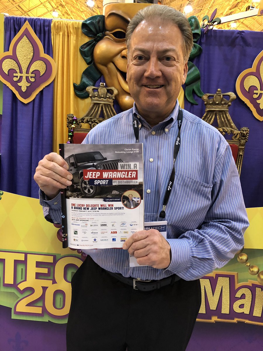 DISTRIBUTECH's tweet photo. Could it be??? Michael, our #DTECH2018 car giveaway winner, stopped by the #MardiGrid booth 12723. Check out the rules in the app to learn how to win this year’s Jeep giveaway #DTECH2019 https://t.co/ODCn6SU7rn