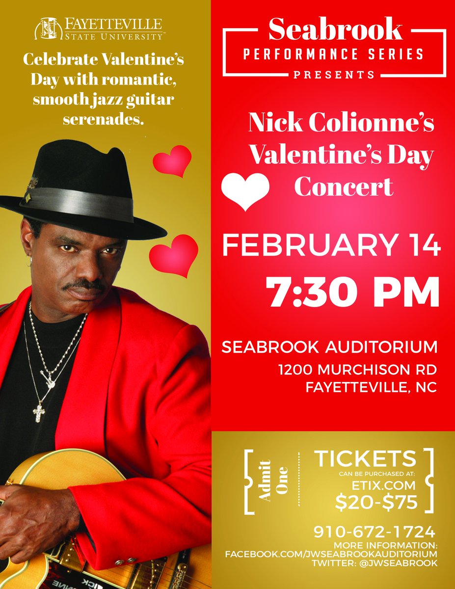 jwseabrook's tweet photo. Nick Colionne is the only artist in smooth jazz history to score five consecutive number one hit singles on Billboard. Let his romantic, serenades set the mood for your Valentine’s Day, Feb. 14, 7:30 pm, @Seabrook. Tickets: $20. Call 910-672-1724, visit: https://t.co/vWqlHNAR8F. https://t.co/scpHyNZq9R