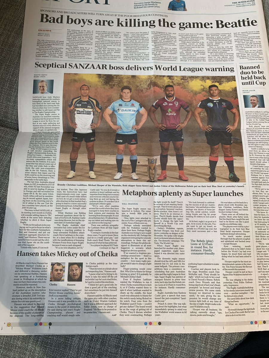 Campbell_Aitken's tweet photo. Pretty disappointed but not surprised at the lack of coverage from the media in Super W launch. @WayneKeithSmith in @australian today case in point. @rugbycomau hosted a joint launch between men’s &amp; women’s game - womens game not even a footnote in the back page spread. https://t.co/zwxHVOIUK1