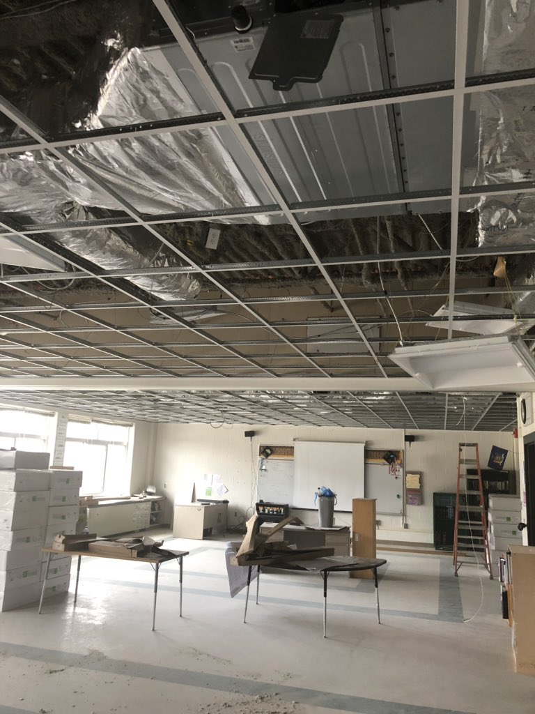 newfieldms's tweet photo. Newfield CSD is moving in the right direction. The auditorium is looking more great with the balcony steel in. The back wall is up and pit is all poured.  On top of that the first four MS classrooms are close to being complete with new heating/cooling duct, lights and ceiling. https://t.co/BJY7UDPjVm