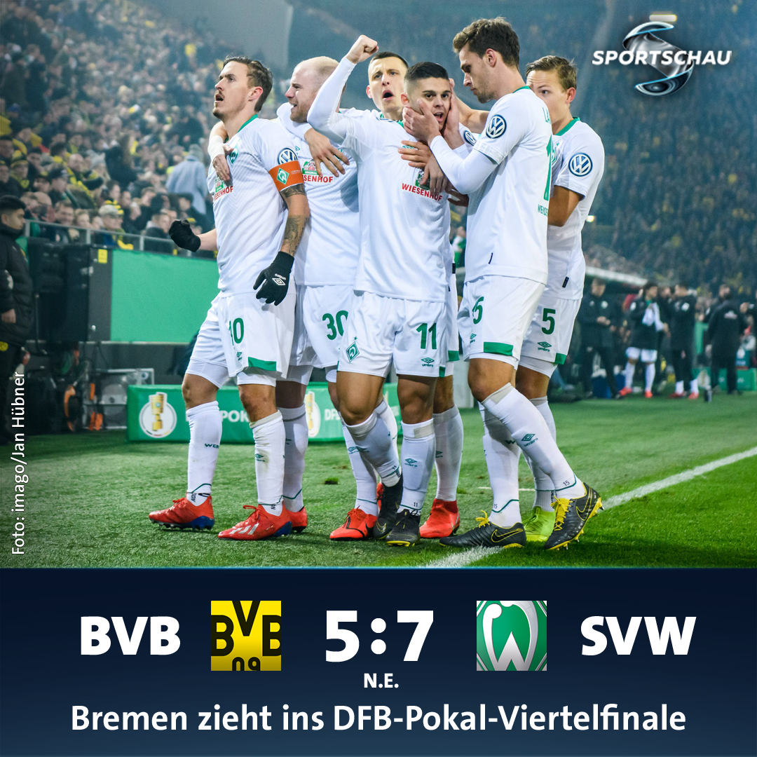sportschau's tweet photo. Alles drin, was ein Pokalspiel anbieten kann, aber nur ein Sieger: Werder Bremen wirft den BVB aus dem Pokal! #BVBSVW https://t.co/ViurLjcfAq