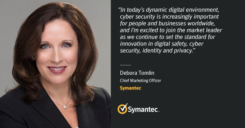 We’re thrilled to have Debora Tomlin join the Symantec team as our incoming Chief Marketing Officer. Welcome, @dtombeach! symc.ly/2RJpVL6