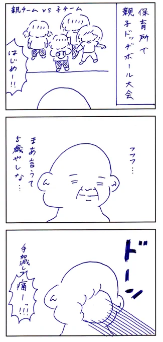 親子ドッヂボール大会でした。ドッヂ弾平みたいな少年がクイックモーションで豪速球を投げてきたのが恐怖でした 