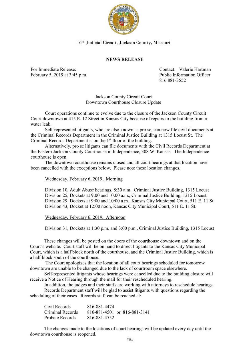 Jackson County Mo On Twitter Newsrelease Jackson County Circuit Court Downtown Courthouse Closure Update Kctv5 Kmbc Fox4kc 41actionnews Foxejc Kcstar Lstribune Kmbzradio Kcur Molawyersmedia Https T Co Eu3vvoco8g Jackson County Oregon Court Calendar