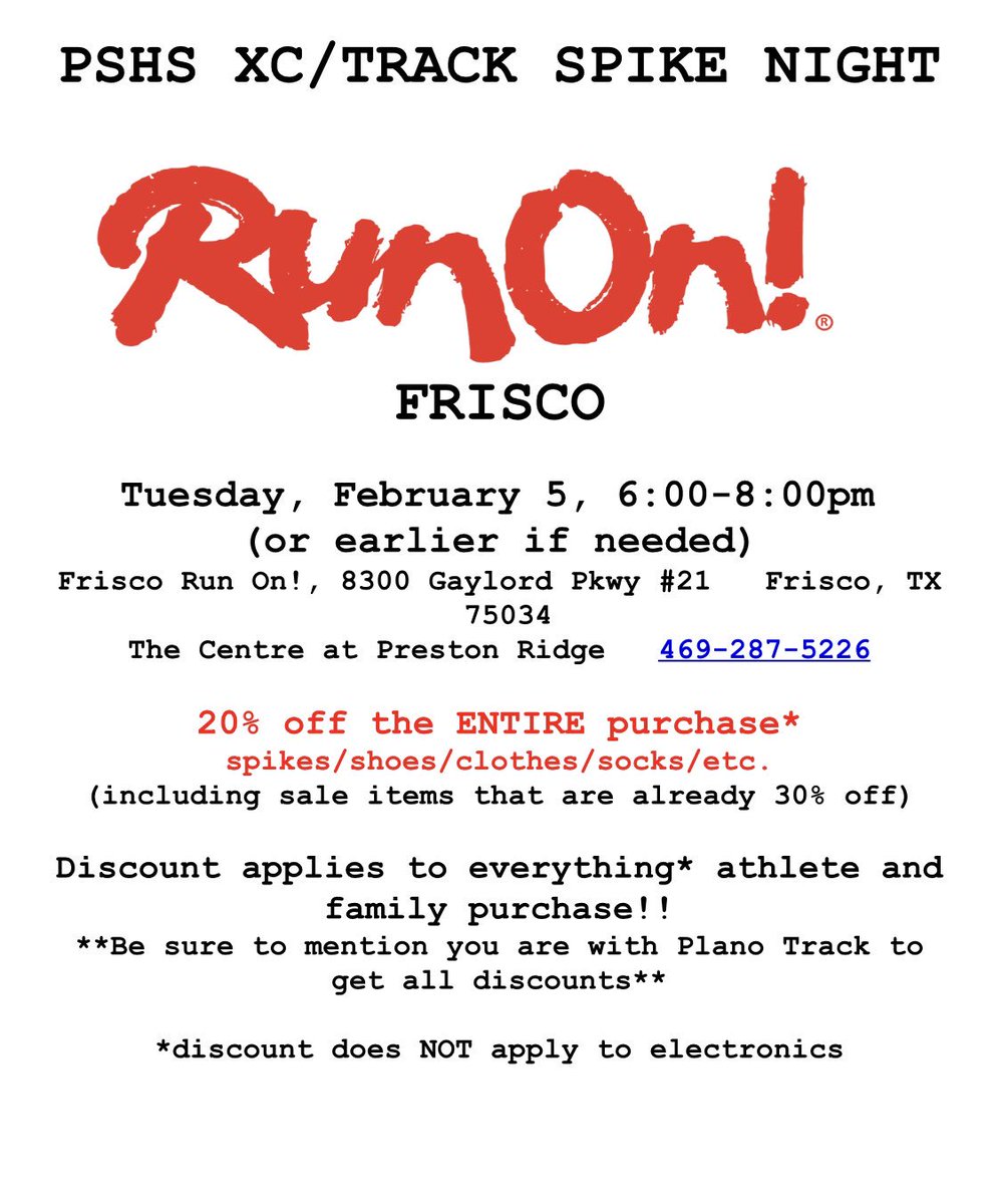 “Run On” into Run On in Frisco for your track season gear!  Support the team at Spike Night TONIGHT!  Stop by Grub Burger after for dinner #2fundraisersin1night