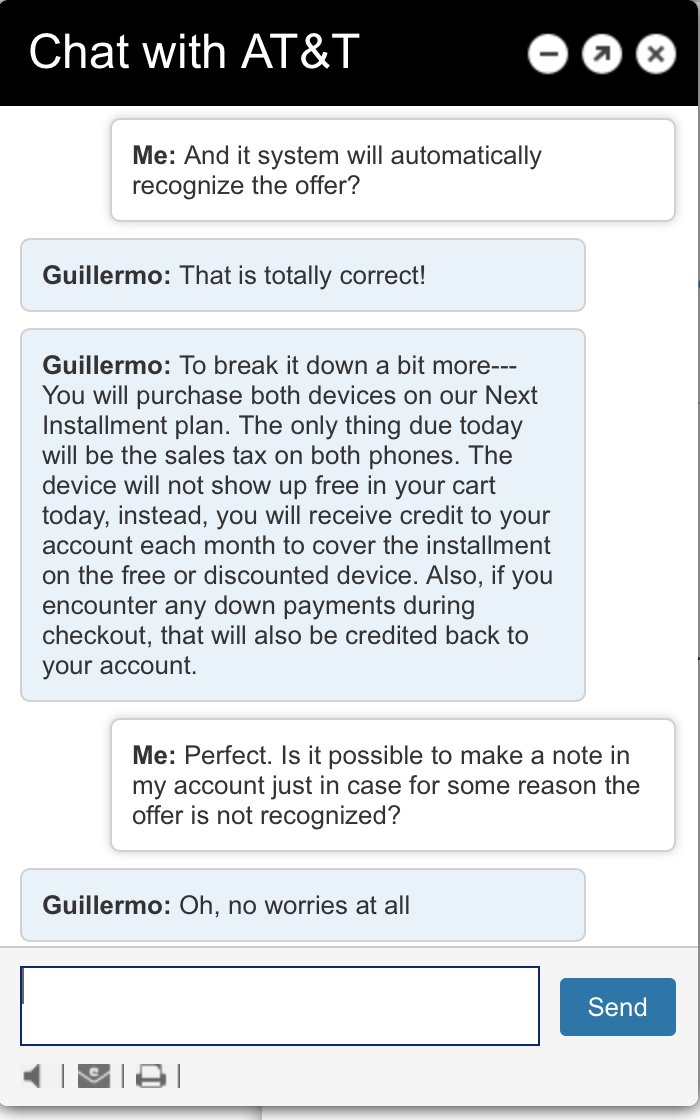 TIT1's tweet photo. . @ATTCares Then your rep tells me that I will receive BOGO based on date of first phone purchase. https://t.co/Qmgr46NQYc