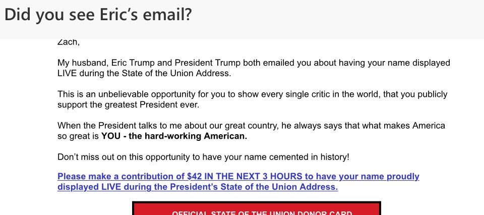 One weird thing about this fundraising attempt; presumably they are hoping to receive many names. How can they possibly guarantee that every "patriot" who sends money will be displayed? Also unclear what channel/stream you'd be seeing these names displayed on.