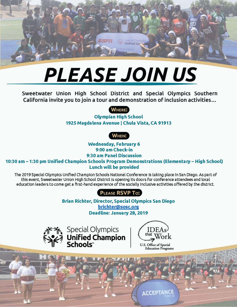Tomorrow, Sweetwater District will host the 2019 Special Olympics Champion Schools National Conference! SUHSD is opening its doors for attendees to get a first-hand experience of the socially inclusive activities offered. We hope you can join us! #unifiedsports #sweetwaterstrong