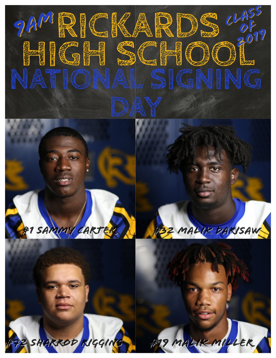 Rhsathletics1's tweet photo. Come out tomorrow and support your Rickards Raiders National Signing Day!! 💙💛🏈 #ifitaintblueandgold #southsideup #onenationraidernation https://t.co/55iYjf1ntM