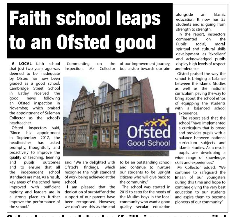 Well Done to all our students, teachers, parents and community! 
Our ofsted report is published! cambridgestreetschool.com/inthenews
