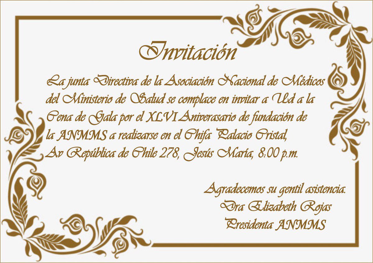 AnmmsPeru's tweet photo. LaJunta DirectivaDe ANMMS se complace en invitar a todos los colegas a laCena por el 46ANIVERSARIOdeANMMS a realizarse enChifaPalacioCristal, AvRepública deChile278,Jesús María,8pm.
Agradecemos su gentil asistencia. 
Dra.ElizabethRojas
Presidenta de ANMMS. https://t.co/Oj43NG1bZF