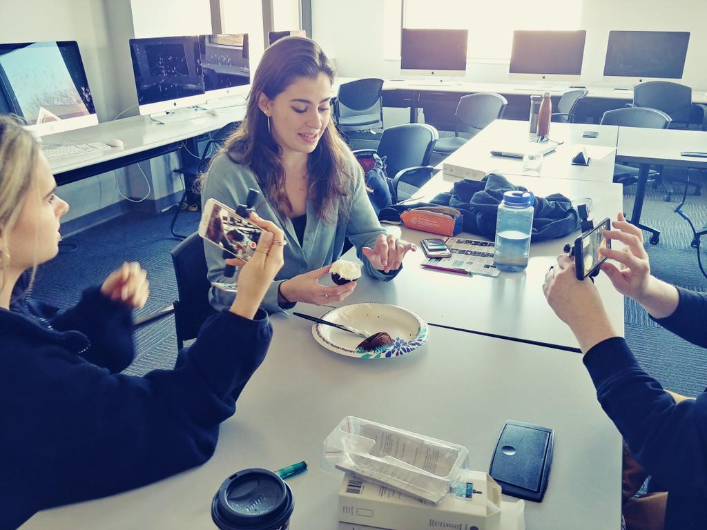 KNicholson's tweet image. How many students does it take to ice a cupcake? These three are shooting a sequence for my Mobile Video course.  Sampling afterwards is encouraged. #tcnj #jpw #mobilejournalists