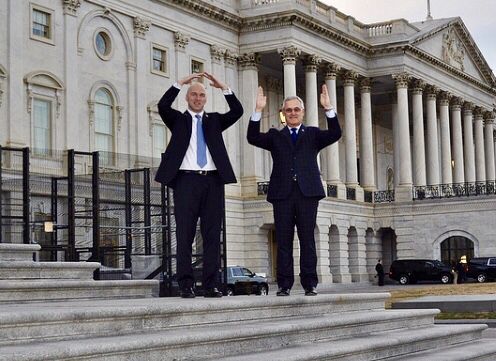 11W's tweet image. Freshman congressman Anthony Gonzalez and Jim Tressel O-H-ing it up in Washington D.C. ahead of the State of the Union.