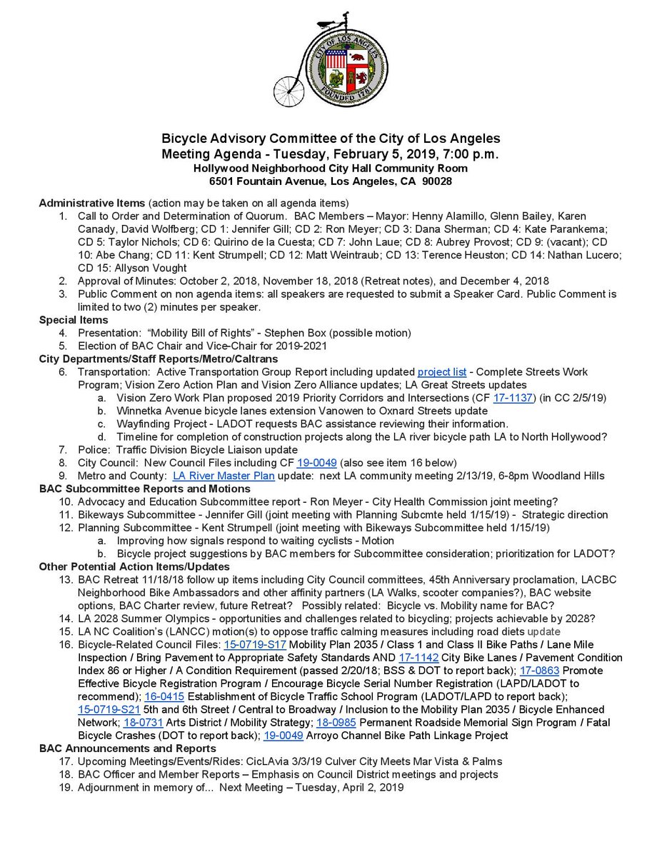 BicycleLACity's tweet photo. Tonight's City Bicycle Advisory Committee meeting agenda includes a presentation on the Mobility Bill of Rights, LADOT's Wayfinding Project  +more.  
Tuesday, February 5, 2019, 7pm, Hollywood Neighborhood City Hall Community Room, 6501 Fountain Ave.
Everyone welcome! https://t.co/uMdroGE1AQ