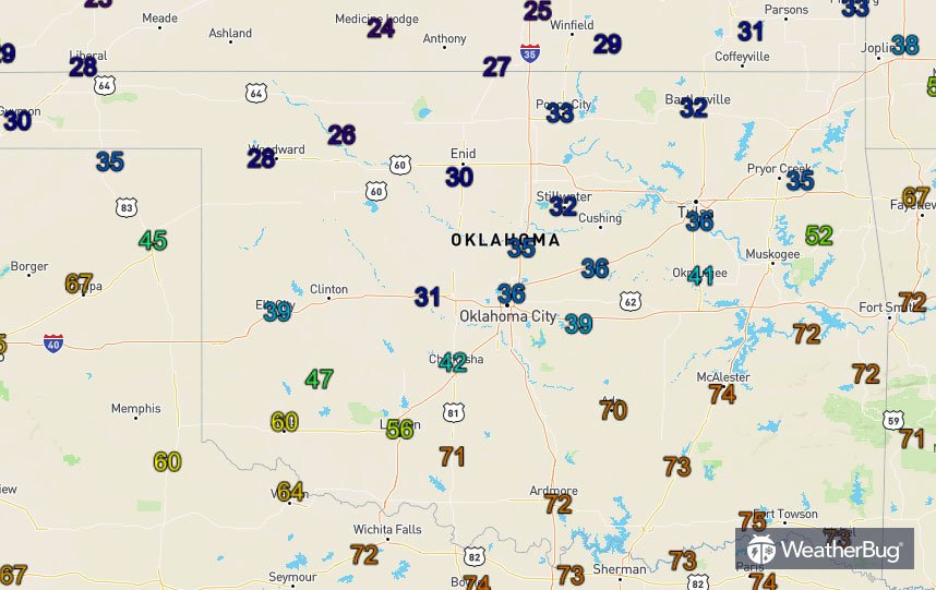 WeatherBug's tweet photo. Find the #coldfront! Check out those #temperatures across Oklahoma. 31-degree temperature difference within 42 miles! #springvswinter https://t.co/yqr3BZiOqp https://t.co/r9VgWnQ23D