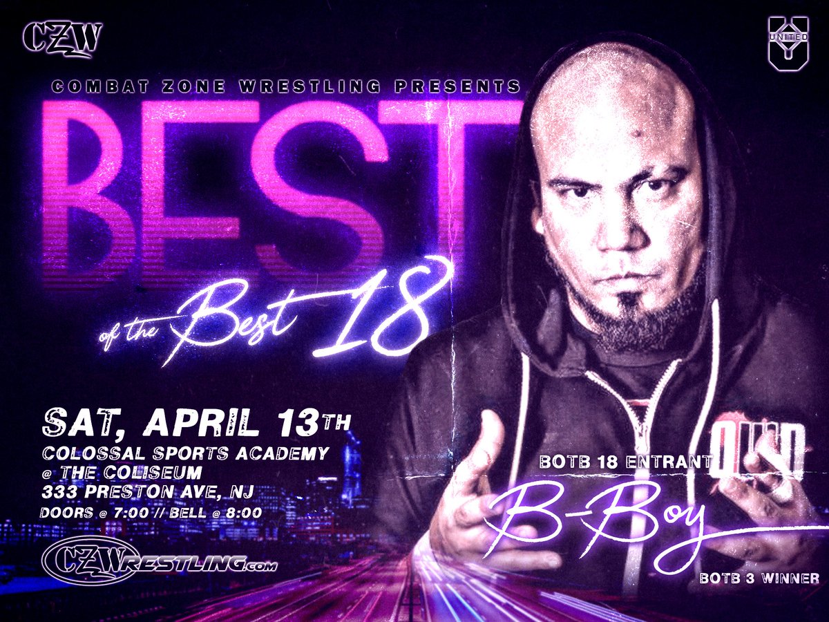 combatzone's tweet photo. On Saturday night we welcome @newagepunisher to the #CZW Hall of Fame, but he'll also be in action challenging @TheJordanOliver for the #WiredTVTitle

Will B-Boy bring the Wired Title to #BestOfTheBest #BOTB18 on April 13? https://t.co/DV2tdXS5Lo