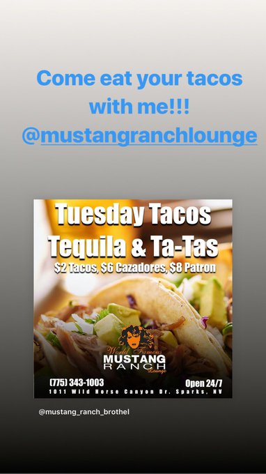 What are your favorite kind of tacos??? @TheMustangRanch #tacos #tuesday https://t.co/X3CLvvctdd<a class="tags" target="_blank" title="On Twitter" href="/?out=eyJ0eXAiOiJKV1QiLCJhbGciOiJIUzUxMiJ9.eyJpYXQiOjE3MjQ2MDkyNzgsImlzcyI6InR3cG9ybnN0YXJzLmNvbSIsIm5iZiI6MTcyNDYwOTI3OCwiZXhwIjoxNzU2MTQ1Mjc4LCJyZWRpcmVjdF91cmwiOiJodHRwczovL3R3aXR0ZXIuY29tL1RoZU11c3RhbmdSYW5jaCJ9.CykQgjhEEzSkHE5bZSLO2vXE09ccrnNJoC_KiuXJBpqZ4KaiX8mdJplr_f8BgnEvtkVdoN5-UklUHXed3wFK7A">@TheMustangRanch</a><a href="/tag/tuesday"class="tags"><span>#tuesday</span></a><a href="/tag/tacos"class="tags"><span>#tacos</span></a>