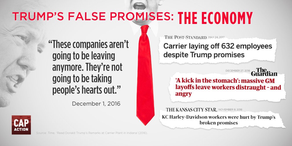 CAPAction's tweet image. Trump is bragging about his success in bringing manufacturing jobs to the U.S. 

He should talk to employees at Carrier, GM, and Harley-Davidson. #SOTU #TrumpFalsePromises