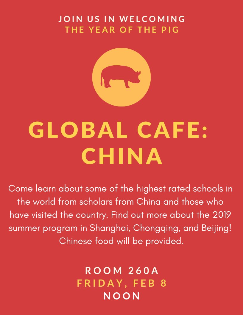 Happy Lunar New Year! Come celebrate with us on Friday while learning about the education system in China and our upcoming summer program in Shanghai, Chongqing, and Beijing. Chinese food will be provided!