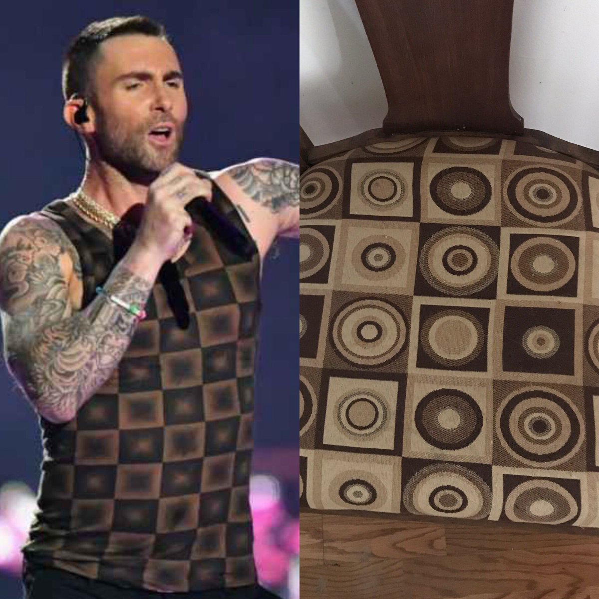 AutumnVail's tweet photo. Joining this Twitter community support group- a chair that my step mom reupholstered looks exactly like #adamlevine in the #HalftimeShow2019 and I’m not alone https://t.co/XA3GXLkMFW