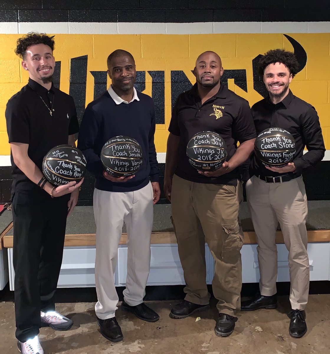 high_vikings's tweet photo. A shout out and a BIG thank you to our Boys Basketball coaches!!! (From left to right: Asst. Coach Ray Yates, Head Coach Varsity Marc Smith, Head Coach JV Jay Salters, Head Coach Freshmen Taron Slone @Taron_It_Up ). https://t.co/Ma6jyvLumg