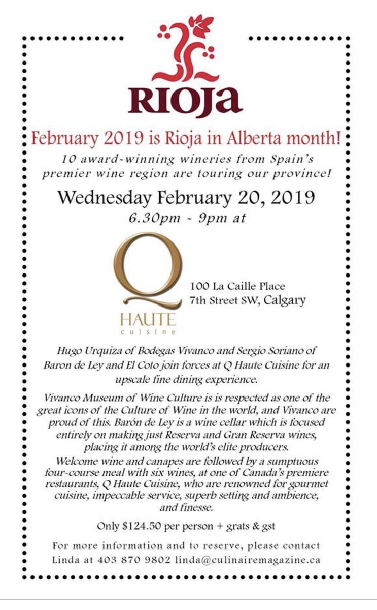 CulinaireMag's tweet photo. Only 2 weeks until @riojawine_ca in #Alberta! reserve your places now for winemaker dinners @Qhautecuisiney1 with @ELCOTODERIOJA and @BodegasMuriel education for #African children fundraiser winemaker dinner @SafariGrill ! 403-870-9802 linda@culinairemagazine.ca https://t.co/k9Ha7u8fr0
