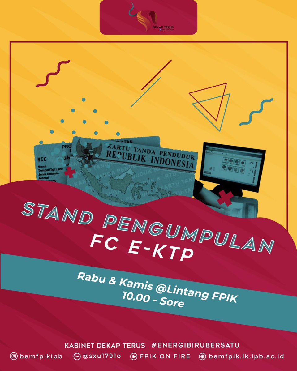 [Stand Pengumpulan FC e-KTP]
Halo Mahasiswa FPIK! 

Bagi kamu yang sudah isi link ini:
Bit.ly/Pemilu201
Dan belum mengumpulkan FC e-KTP, jangan khawatir!

Kami membuka STAND PENGUMPULAN e-KTP 

Hari : Rabu &amp; Kamis
tempat : Lintang
Jam : 10.00 - sore