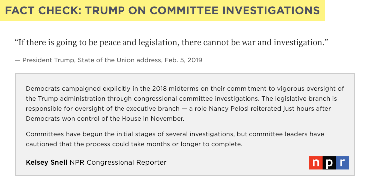 NPR's tweet photo. President Trump said that "if there is going to be peace and legislation, there cannot be war and investigation."

Trump essentially fired off a warning shot to Democrats, NPR’s @DomenicoNPR says. https://t.co/4GEGfQDt1a https://t.co/qP8tJ5LMF8