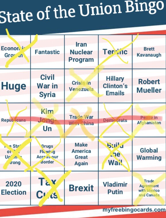 Pike_Jeff's tweet photo. State of the Union Bingo!  Noah and Lucy beat me, but third place in Pike Fam is not bad! https://t.co/0oOh394t53
