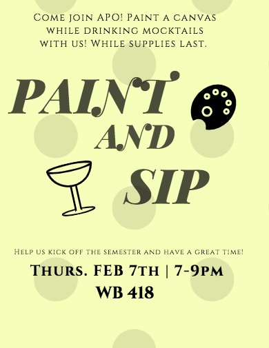 RUAlphaPhiOmega's tweet photo. SCHOOL WIDE FELLOWSHIP! APO invites all of Roosevelt University to come to our Paint and Sip event! We will be painting canvases and sipping on mocktails all while enjoying each others company and making new friends! Join us on Thursday, February 7th at 7pm in WB 418! https://t.co/CCQG26XGLM