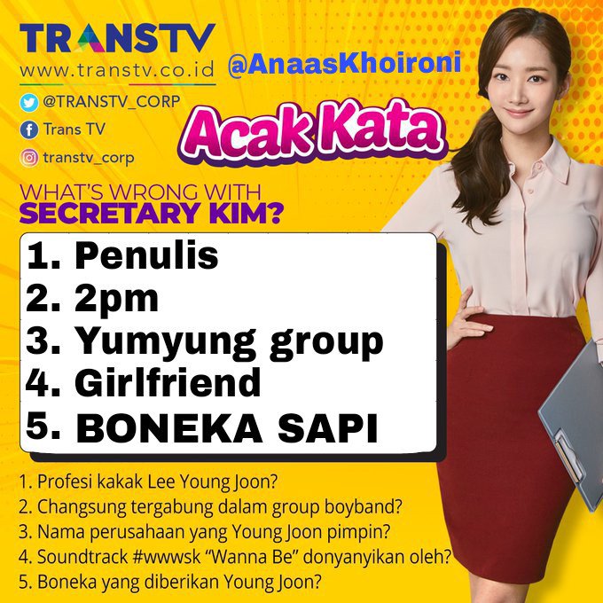 <a href="/TRANSTV_CORP/">TRANS TV</a> 1. Penulis
2. 2pm
3. Yumyung group
4. Girlfriend
5. Boneka Sapi

#AcakKataTTV yuk ikutan <a href="/andalaselang/">elang Andalas</a> <a href="/ririnsungkar53/">Ririn Sungkar</a> <a href="/LeniFitriyanii/">Leni Fitriyani</a> @MuhammadRifa111 <a href="/yantourever/">yanto</a>