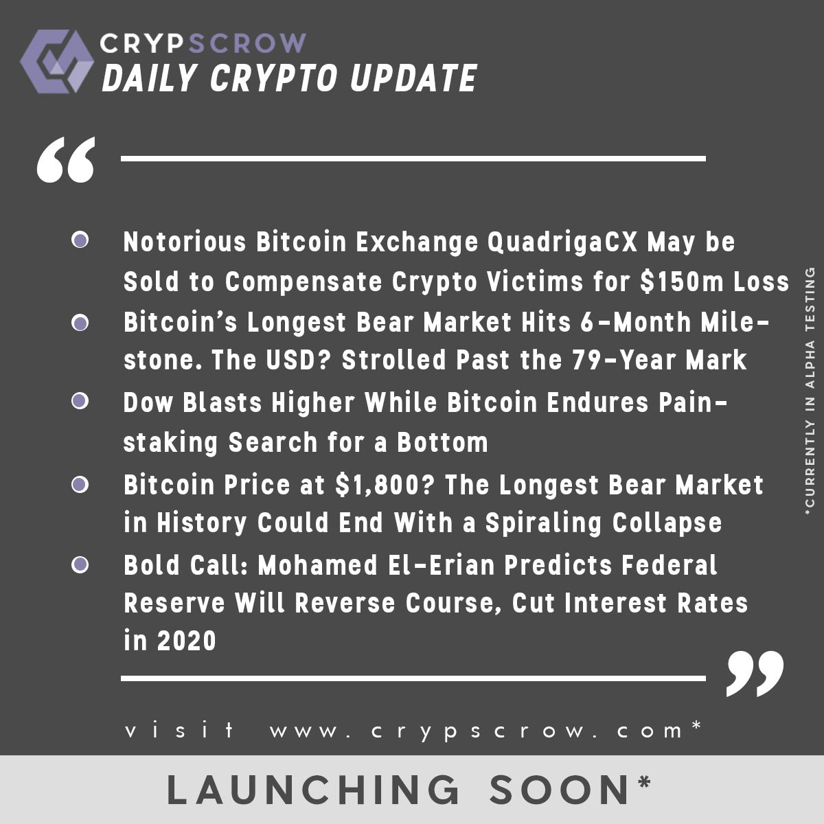 CrypScrow's tweet photo. #dailycryptoupdate #cryptonews #crypscrow #quadrigacx #sell #compensate #cryptovictims #longest #bear #hits #sixmonths #dowblasts #bitcoin #bottom #$1800 #boldcall #elerian #federalreserve #reverse #cut #interestrates https://t.co/OeYeC7UCqv