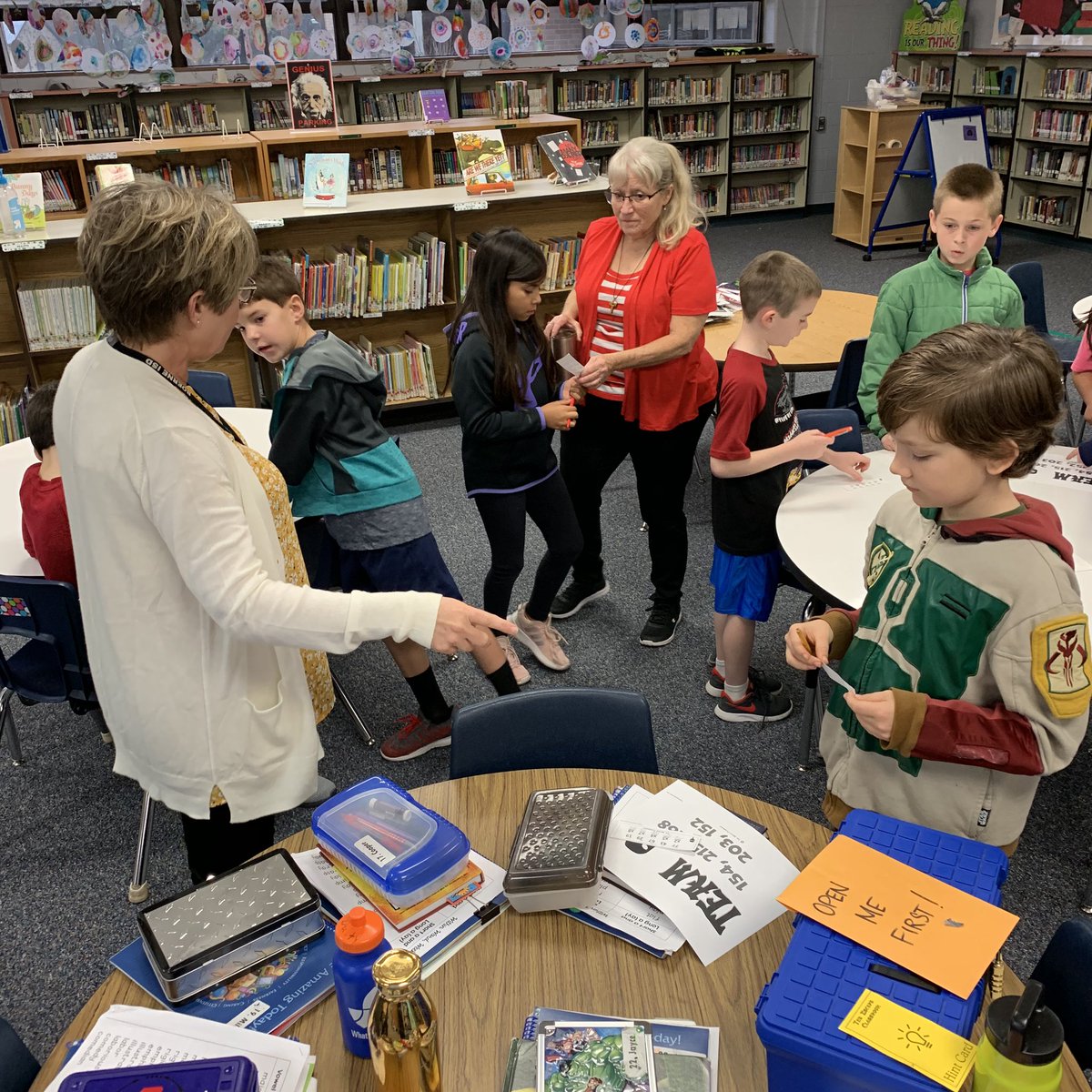 golliharsclass's tweet photo. #EscapeClassroom @CESLibrary2 @Mrs_Bowe class was able to defeat the baddies and escape the library! Fun times @CuringtonElem #amazingAdventure #CuringtonStrong https://t.co/UZXZsjQr6U