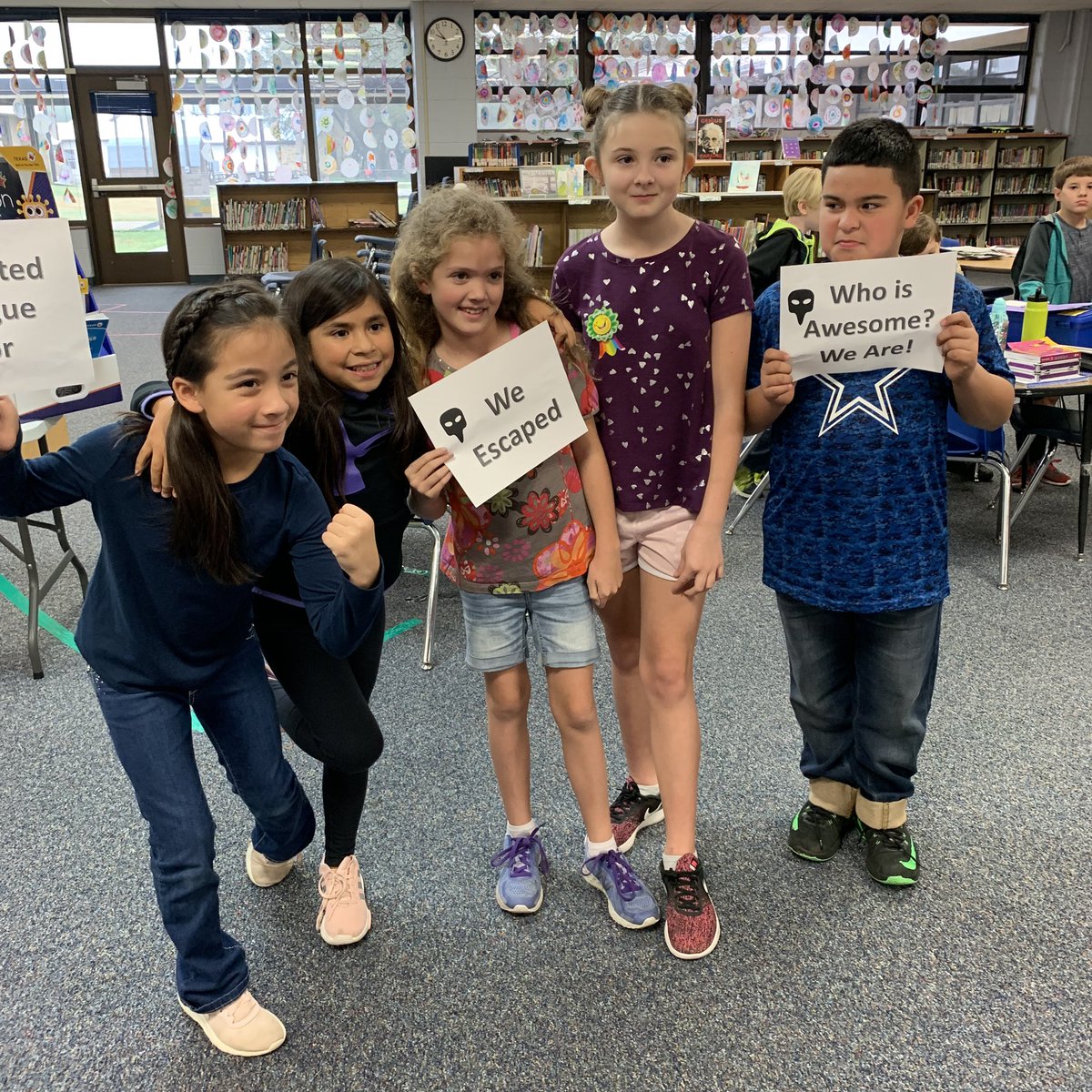 golliharsclass's tweet photo. #EscapeClassroom @CESLibrary2 @Mrs_Bowe class was able to defeat the baddies and escape the library! Fun times @CuringtonElem #amazingAdventure #CuringtonStrong https://t.co/UZXZsjQr6U