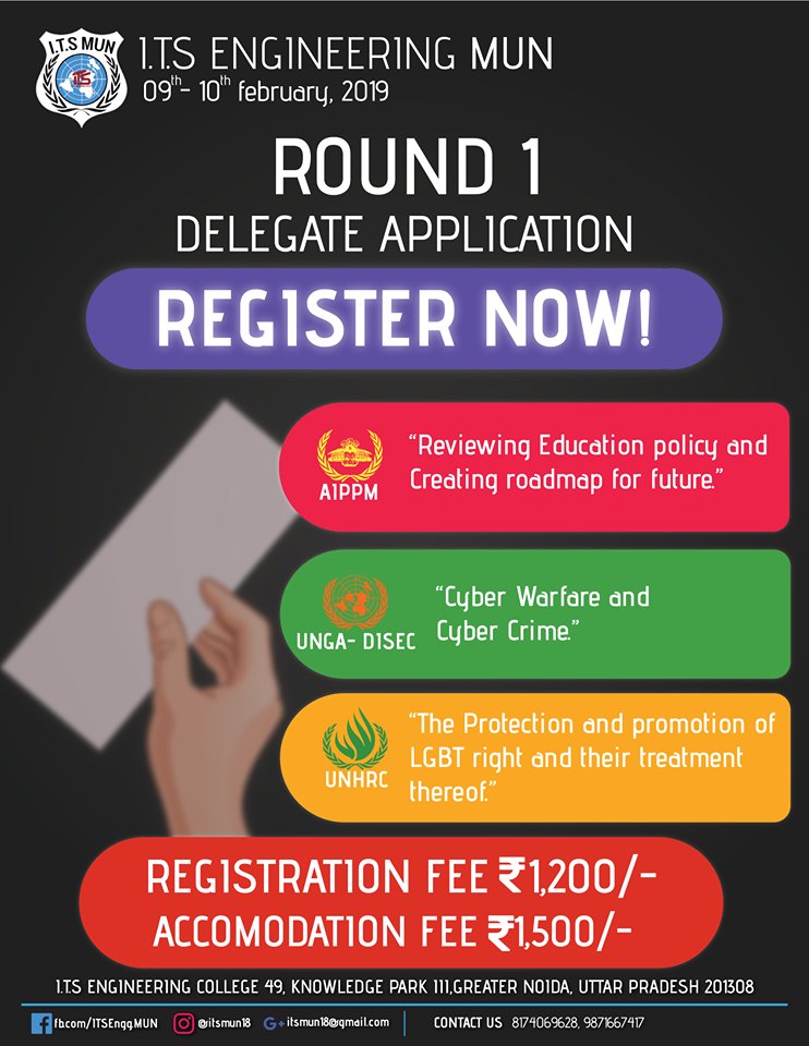 ITSEduGroup's tweet photo. We take immense pleasure in announcing that the Delegate Registrations for I.T.S Engineering Model United Nations 2019 are now OPEN!
Register Now : https://t.co/jxdALoO95I
#ITS #ITSMUN #ITSEngineering #Event #RegisterNow #Education https://t.co/nEd6sxDZQB