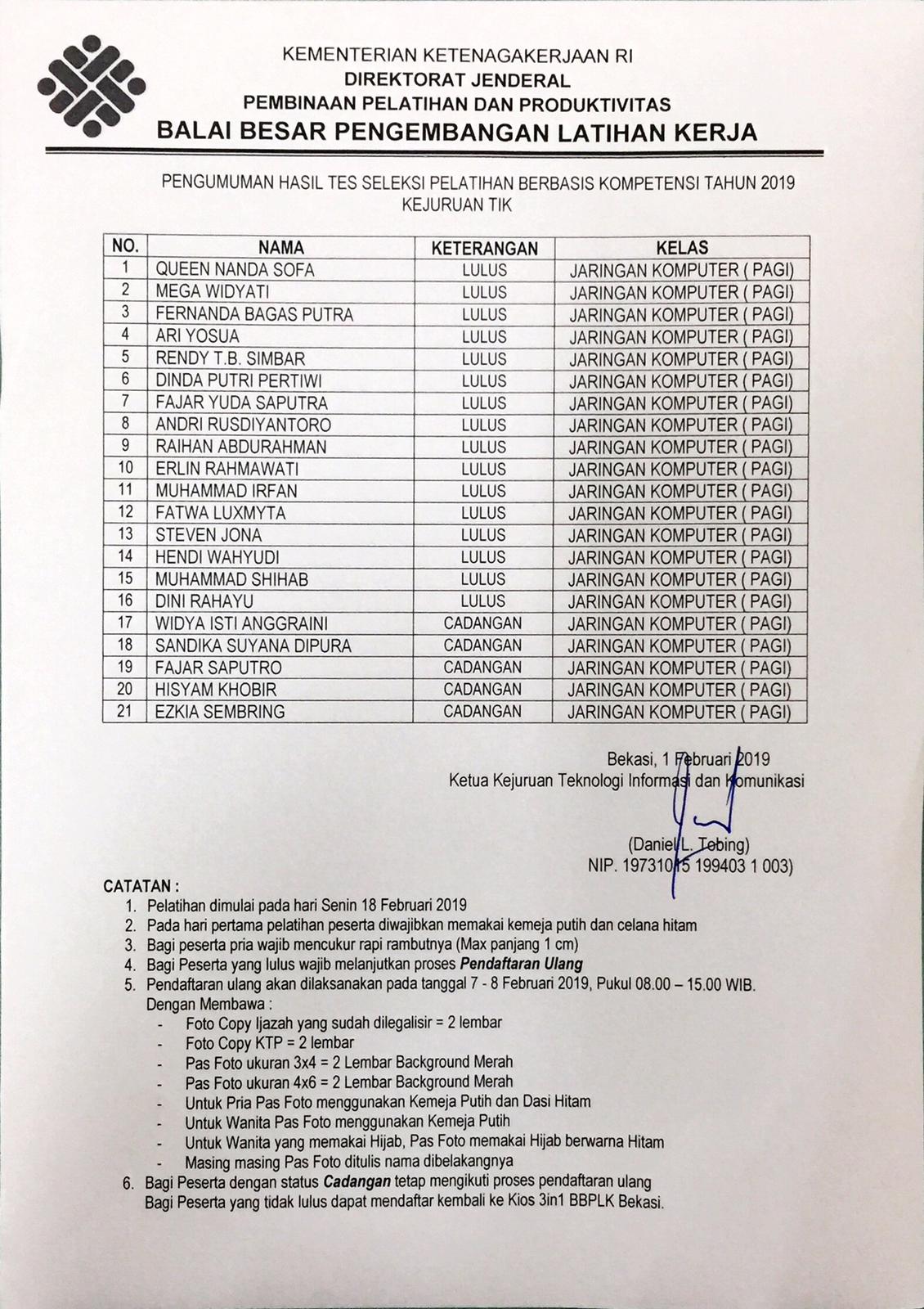 Blk Bekasi Kemnaker Ri On Twitter Berikut Pengumunan Hasil Tes Seleksi Pelatihan Berbasis Kompetensi Tahun 2019 Bagi Yang Dinyatakan Lulus Dan Cadangan Silahkan Melakukan Daftar Ulang Pada Tanggal 07 08 Februari Blk Bekasi Kemnaker Ri On Twitter Berikut Pengumunan Hasil Tes Seleksi Pelatihan Berbasis Kompetensi Tahun 2019 Bagi Yang Dinyatakan Lulus Dan Cadangan Silahkan Melakukan Daftar Ulang Pada Tanggal 07 08 Februari